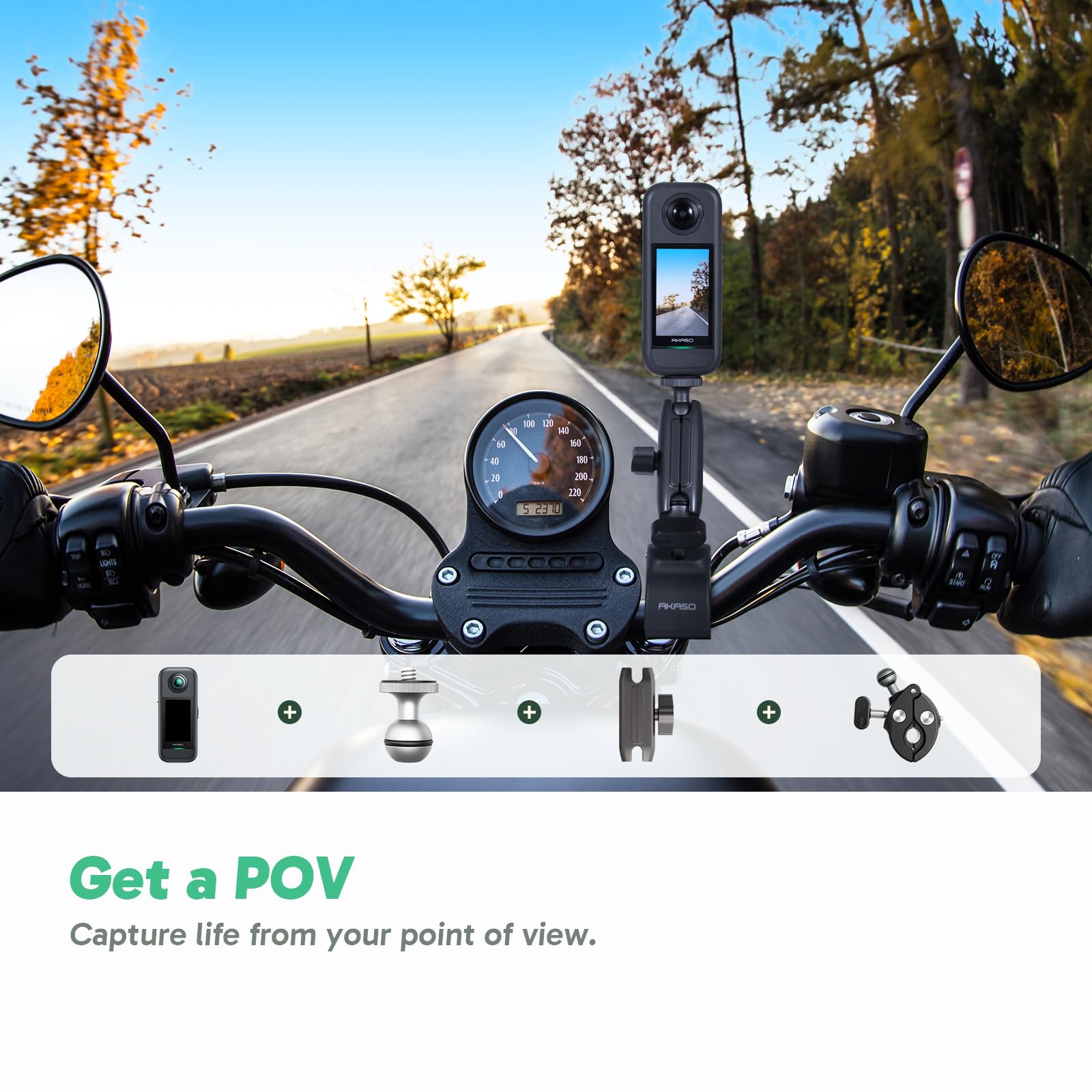 AKASO 360 Weatherproof 360° Action Camera - 5.7K 360 Video with 1/2" 48MP Sensors, 72MP 360 Photo, 360-SuperSmooth, Invisible Selfie Stick, 360° Horizon Lock, AI Tracking Motorcycle Combo