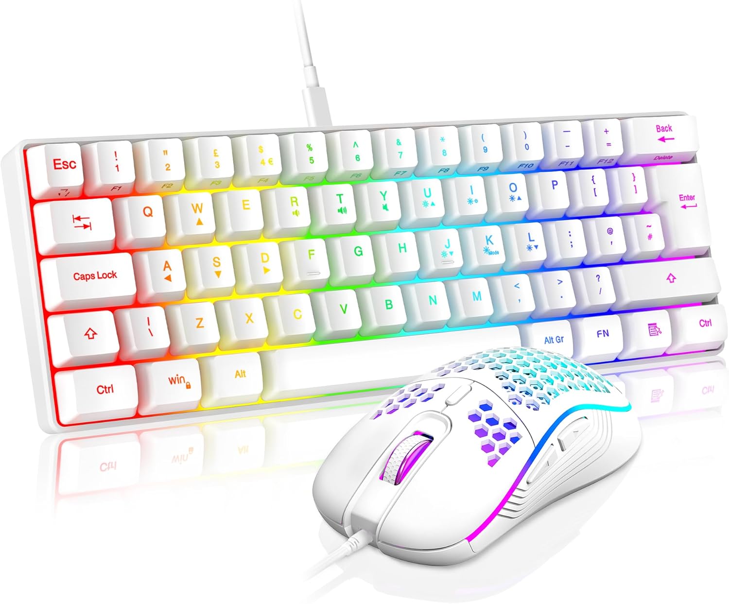 RedThunder 60% RGB Gaming Keyboard and Mouse Combo,UK Layout Ultra Compact Backlit Mini Keyboard, Lightweight 7200 DPI Cellular Optical Mouse, Portable Wired Gaming Set for PC PS5 Gamers (White)