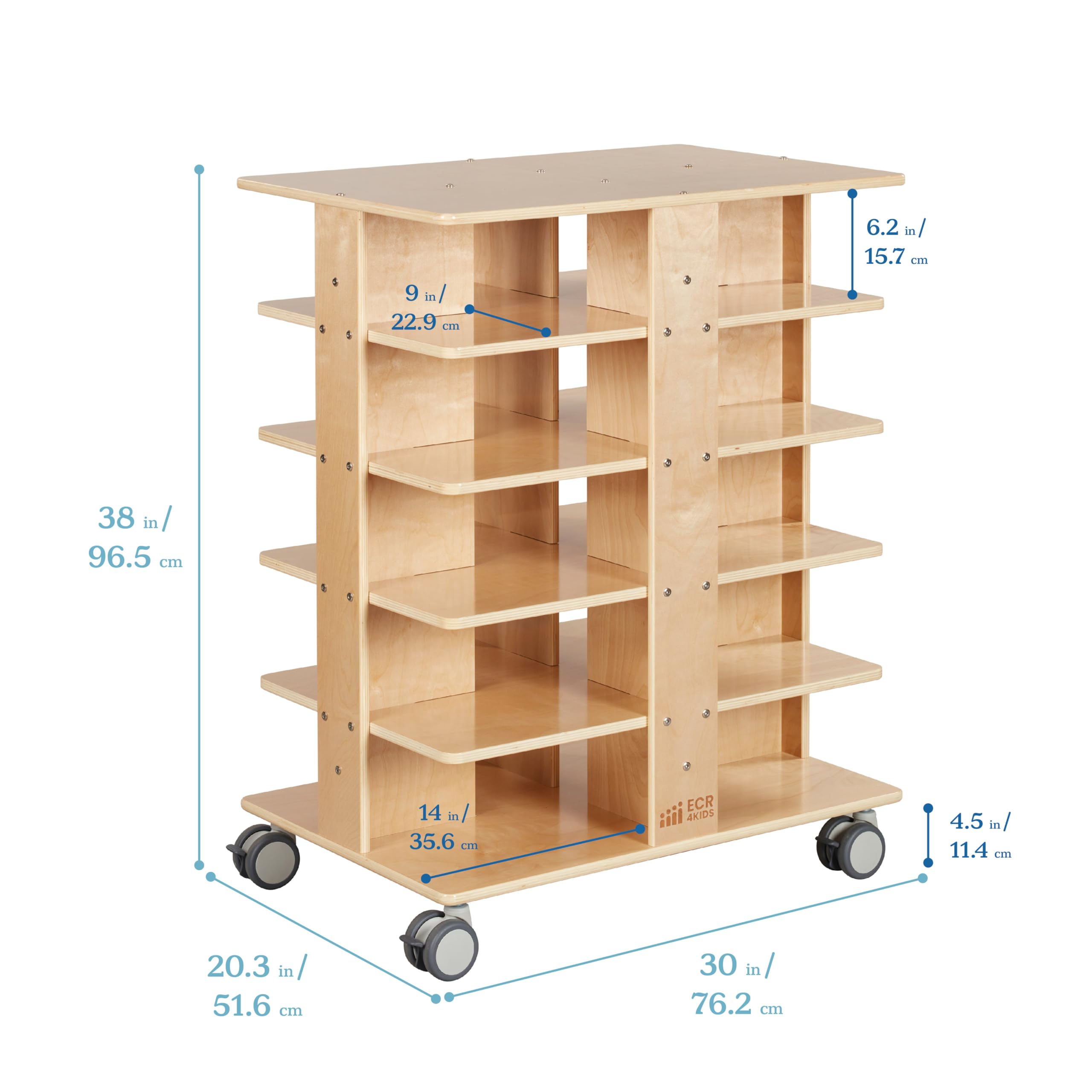 ECR4Kids 20-Compartment Mobile Storage Tower, 5x4, Classroom Furniture, Natural