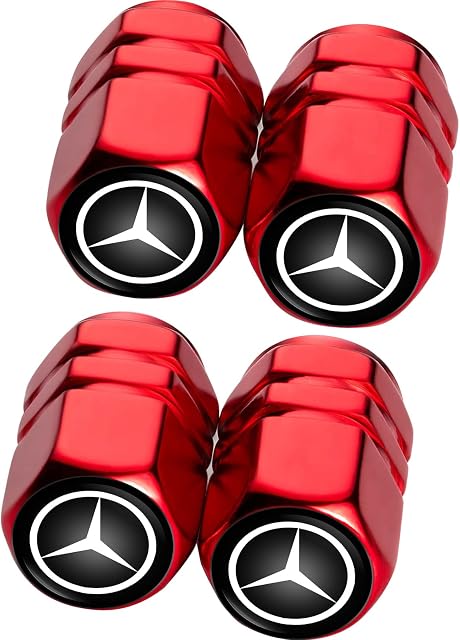 4 Pcs Car tire Valve Caps, Dust Caps for Car Tire for Mercedes-Benz CESM CLK GLK GL AB AMG GLS GLE AMG Series, Alloy Leak-Proof Car Tire Caps for Benz Car Tires Accessories, Easy Grip Red