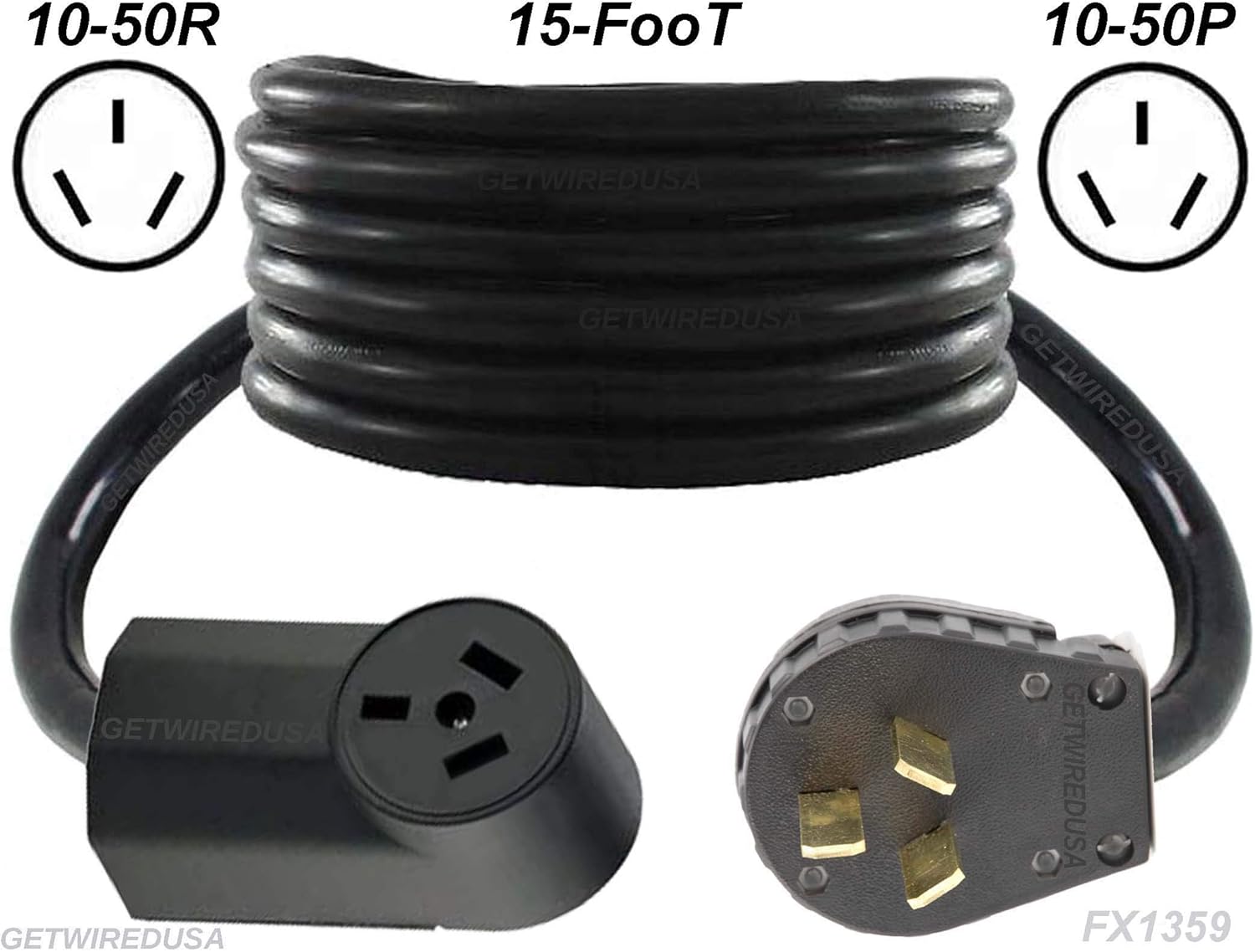 Range, Stove, Oven, 15-FT Extension Cord 10-50P Male 3-Pin Plug To 10-50R Female Receptacle, Heavy Duty, Real Copper Wire, 10/3 10AWG 10-Gauge, NEMA, 15-Foot Long, Made In American, FX1359-R