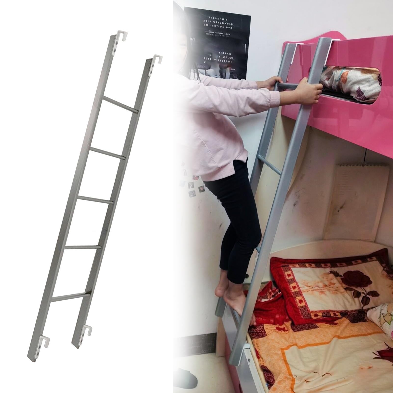 IEOWY Twin Bed Bunk Ladder for RV Camper, Silver Metal Step Ladder/Replaceable Bed Ladder, Short Universal Ladders with Hooks, for Loft Dorm Farm (Size : 150cm/59)