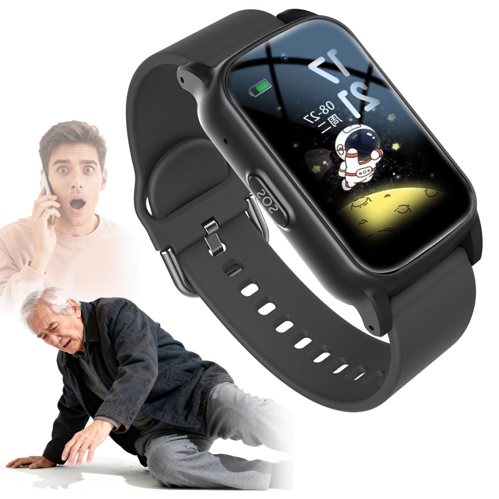 Salvavita Anziani Allarme Personale per Anziani Orologio Anticaduta Rilevamento Cadute Localizzazione GPS Notifica Di Caduta per Smartphone S5-Black