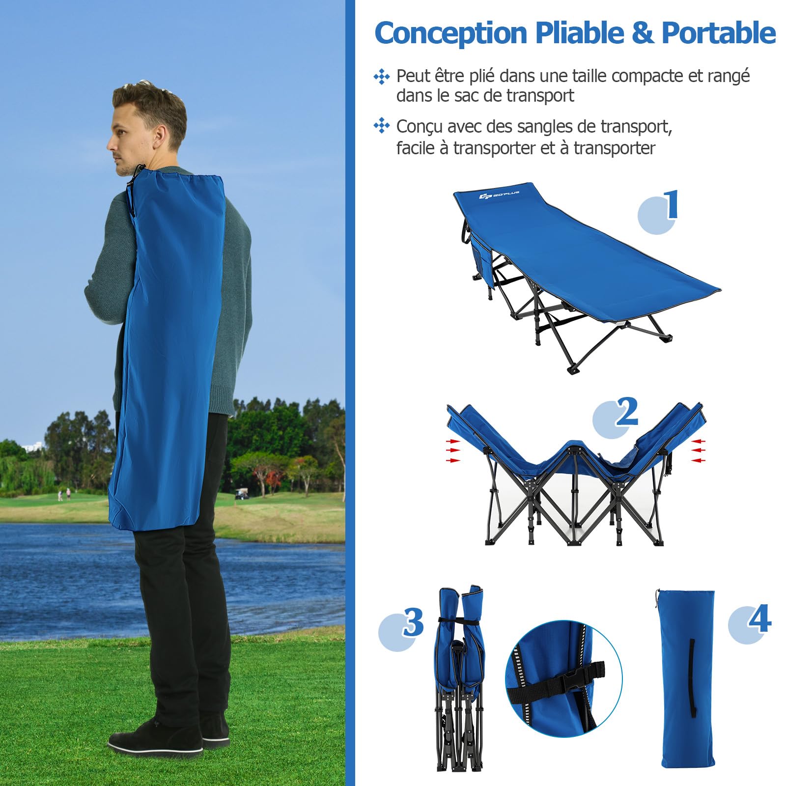 GOPLUS Lit de Camping Pliable 1 Personne avec Appuie-tête Incliné, lit de Voyage Portable avec Poche Latérale & Sac de Transport, Charge 272 KG, pour Camping, Randonnée, Pêche, 190X70X54 CM