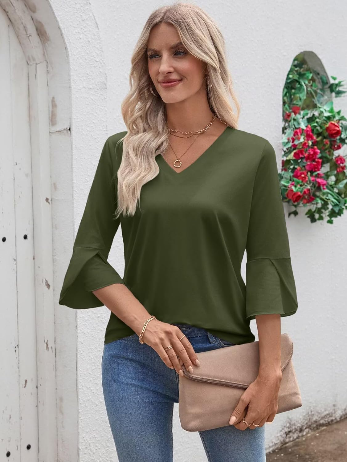 Valiamcep T Shirts Short Ruffle Sleeve V Neck Tees Womens Tops Beach Vacation 2026 Casual Summer Spring Outfits - Image 2