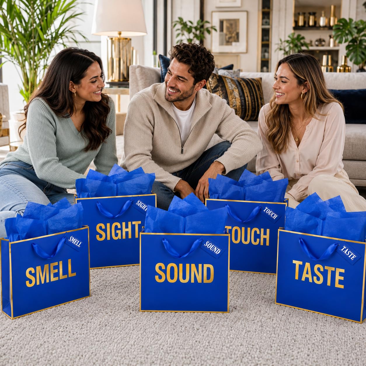 Large Gold Foil 5 Senses Gift Bags For Him Her with Labels Envelopes and Cards, Sight Smell Touch Taste Sound Gift Bags with Tissue Paper For Birthday, Anniversary, Mother'S Day, Valentine's Day 12 x 10 x 4 (Blue)