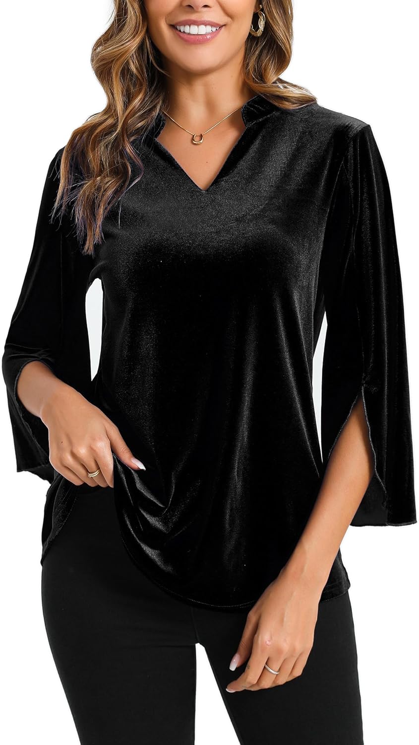 MOQIVGI Womens 3/4 Sleeve Velvet Tops Casual Trendy Dressy Elegant V Neck Blouses - Image 3