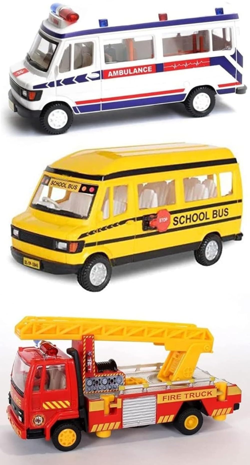 Plastic Fire Ladder Truck, Traveller Ambulance and School Bus Toys, Pull Back Action Miniature Vehicle Toys for Kids Age 3+ Years Old - Multicolor (Pack of 3) (B0BQYXHHV6) Amazon Price History, Amazon Price Tracker
