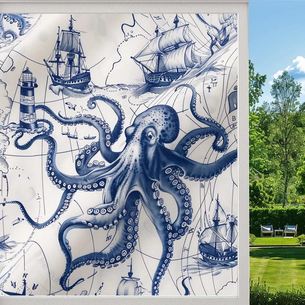 Funny Octopus Stained Glass Window Film, Watercolor Nautical Map Ocean Animal Peel and Stick Privacy Film, Frosted Adhesive Vinyl Decorative for Bathroom Windows Glass Doors, （80x140cm）