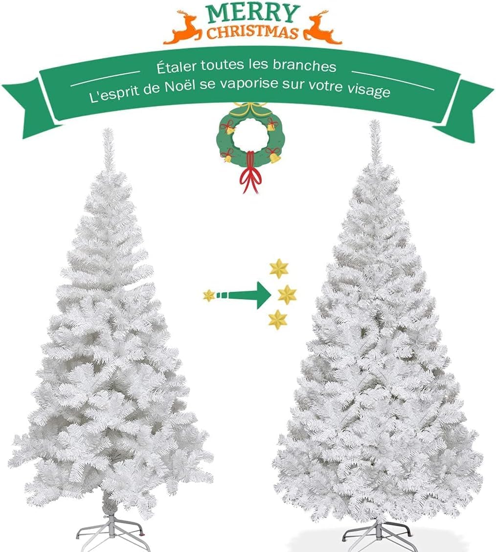 RELAX4LIFE Sapin de Noël Blanc 180 CM, Sapin Noel Artificiel en PVC avec Support en Métal, Arbre de Noël pour Décoration Maison/Bureau/Magasin (Blanc, 180 CM)