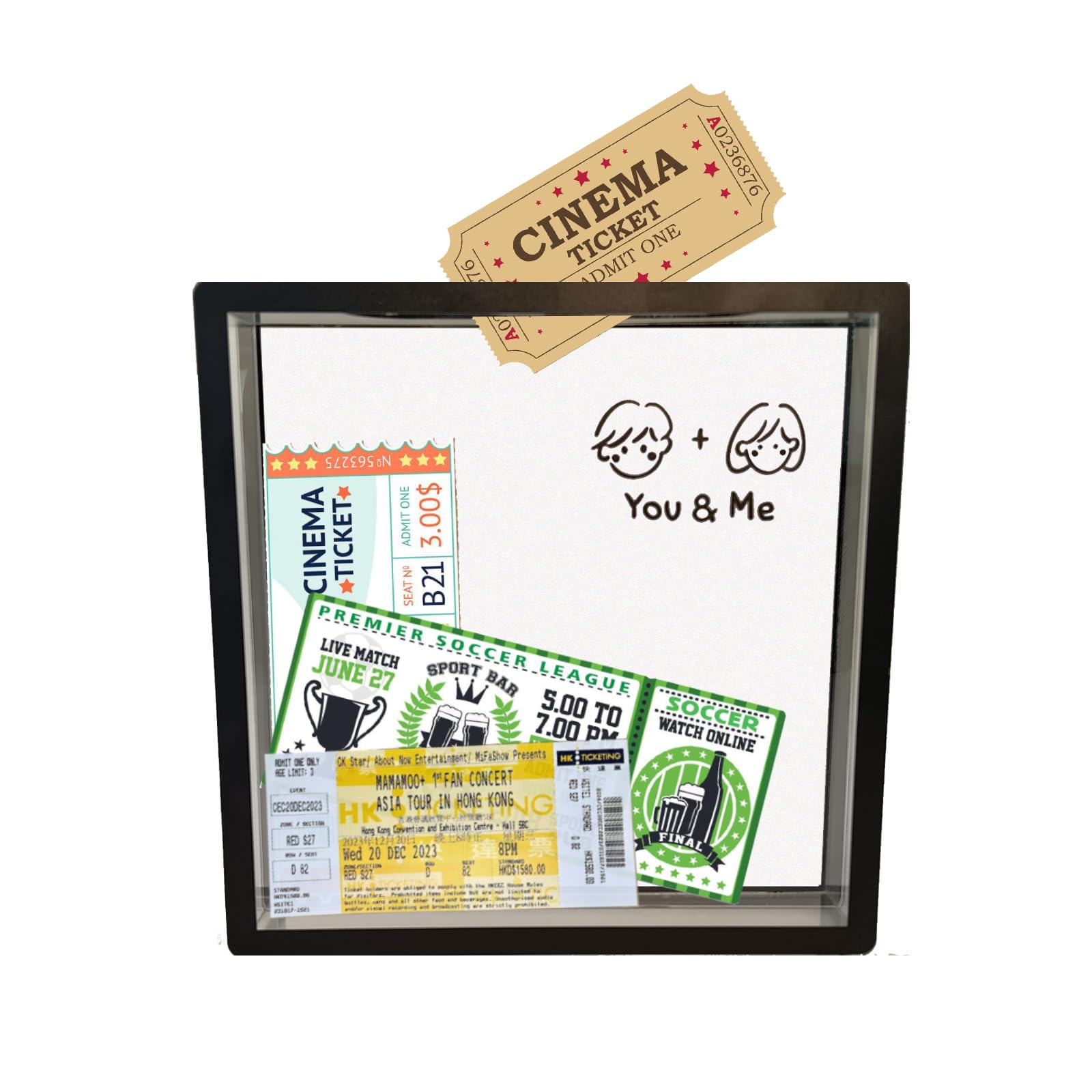Travel Adventure Archive Memory Ticket Stub Shadow Box Display Frame with Slot on Top for Lover (Black(youme), 8*8)