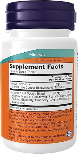 Miniatura 10 de NOW Suplementos alimenticios, glicinato de cobre con 3 mg de cobre Albion, promueve la salud estructural*, 120 tabletas, gris claro, bronceado