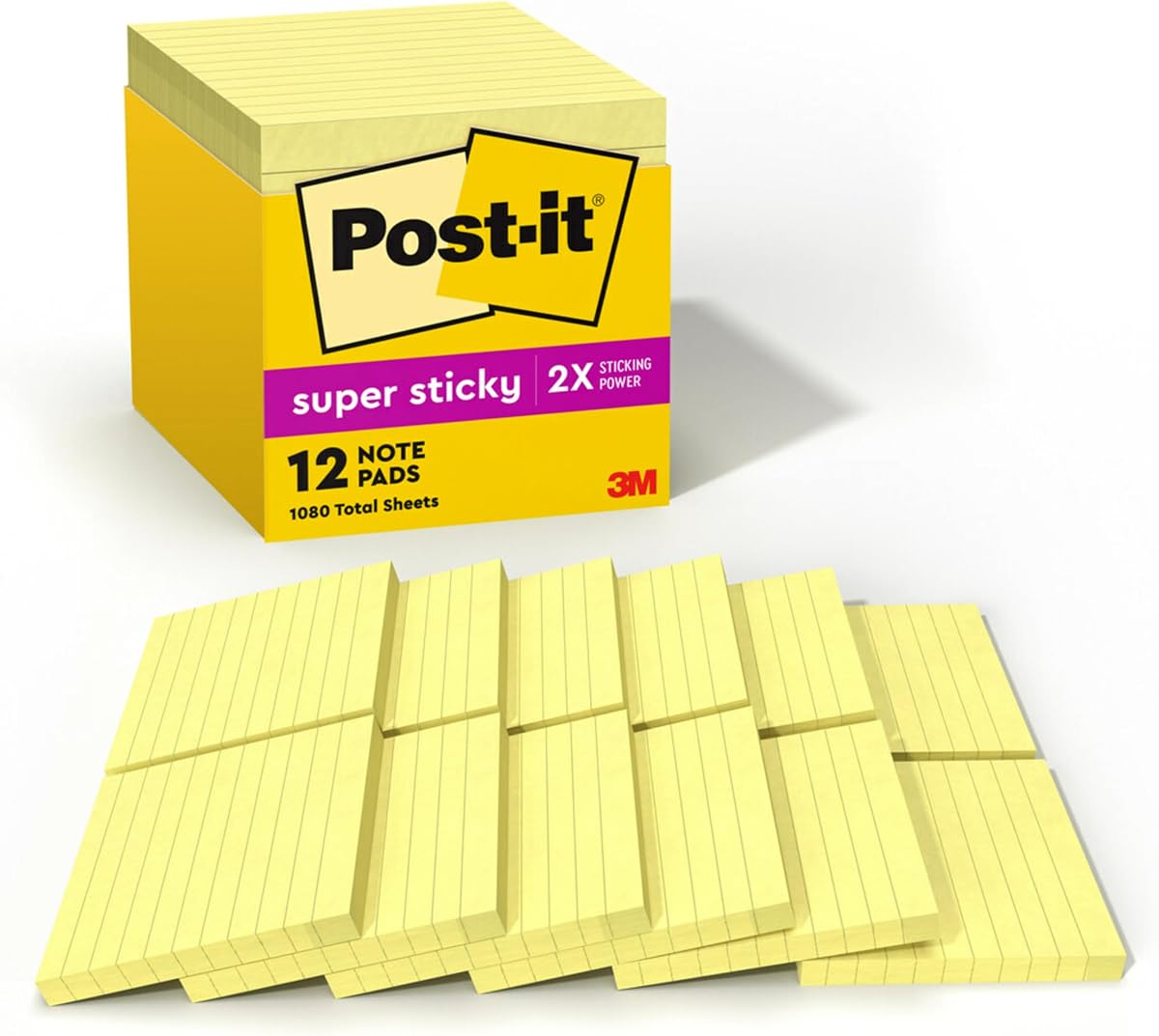 Notas Post-it Super Sticky, 4 x 4 pulgadas, amarillo canario, 12 blocs rayados | Útiles escolares y de oficina, el doble de poder de adherencia