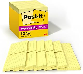 Post-it Super Sticky Notes, 4 x 4 in, Canary Yellow, 12 Lined Pads
