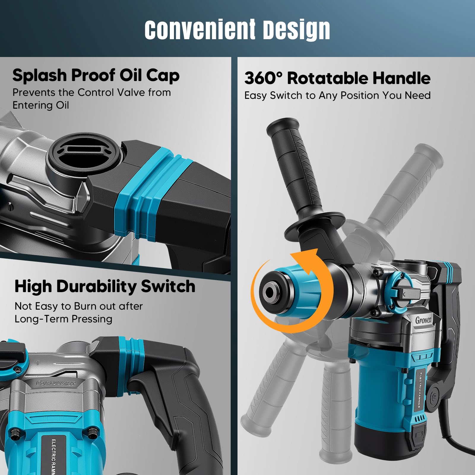 3 in 1 trapano a percussione,1500W martello demolitore,Martello demolitore da 12 J,con 6 punte e scalpelli,diametro di foratura 40 mm,demolitore elettrico giunto antivibrante e di sicurezza