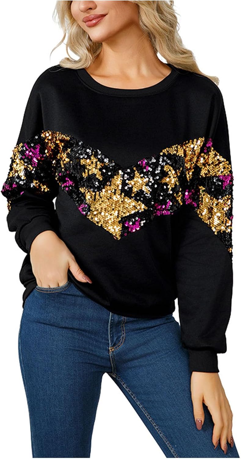 Mardi Gras Shirts for Women Sequin Long Sleeve Sparkly Tops Crewneck Glitter Casual Loose Lightweight Sweatshirts 2026