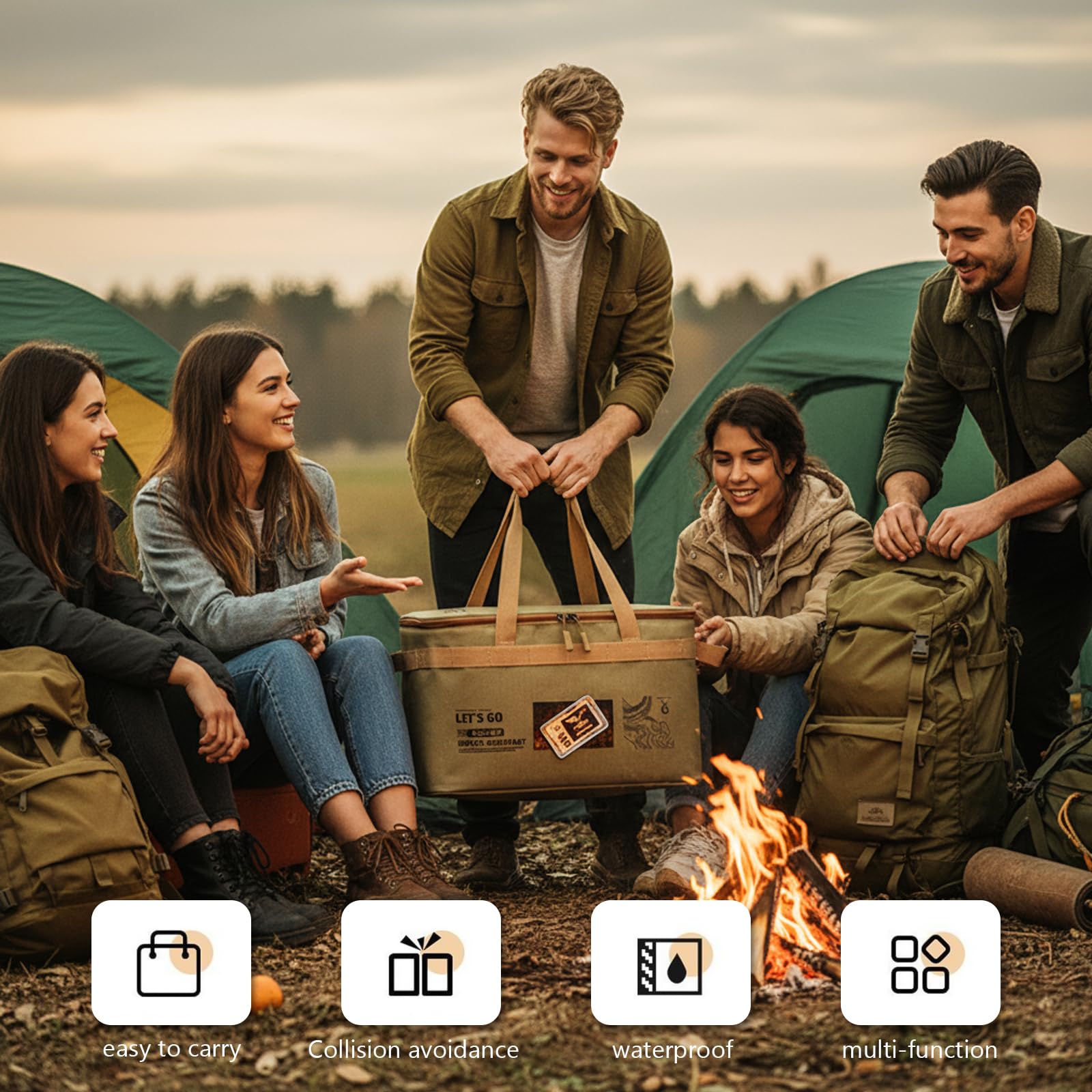 Campingtasche, Outdoor Tragetasche, Langlebig Und Wasserdicht, Inklusive Trennwand, Bietet Platz für Geschirr, Campingtasche Geschirr für Wandern Und Grillen (khaki)