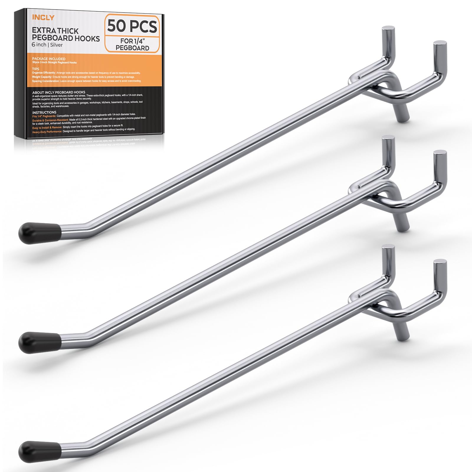 INCLY 50 Pack 6 Inch Pegboard Hooks with Rubber Tipped, 1/4" Heavy Duty