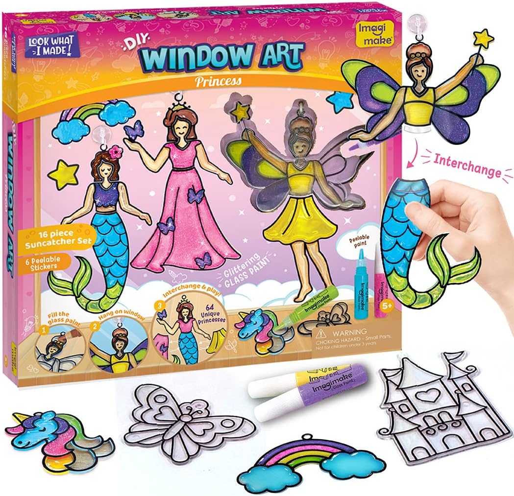 Imagimake Window Art Princess | Toys for Girls Ages 5-10 Years | 16 Piece Glass Painting Set | Princess, Mermaid & Unicorn Designs | Creative Arts & Crafts Kit | Ramadan, Birthday & Return Gifts