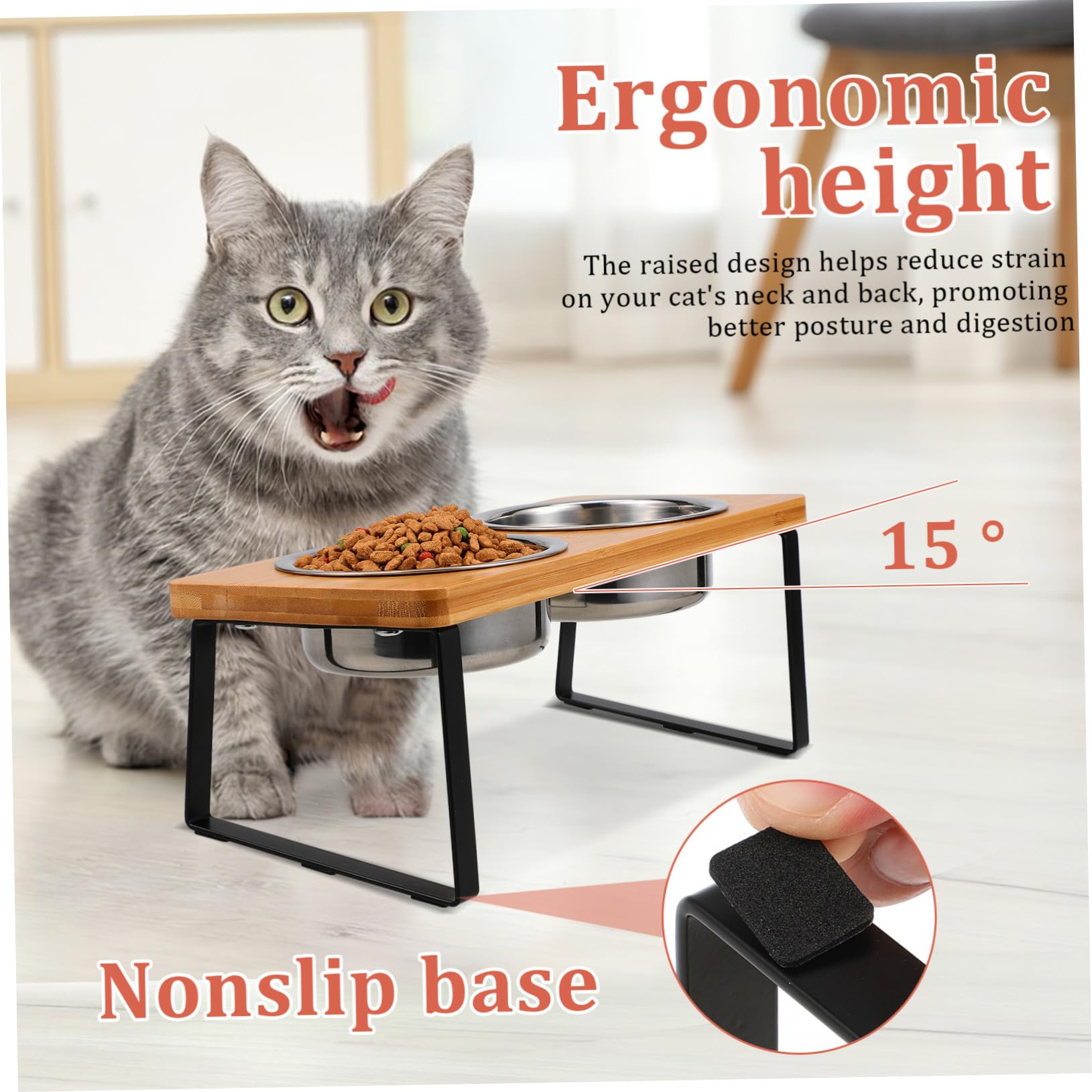 Gatuida Comedero Gato Elevado Doble con Soporte Antideslizante Cuencos de Acero Inoxidable para Comida y Agua Diseño Moderno Minimalista para Gatos de Interior
