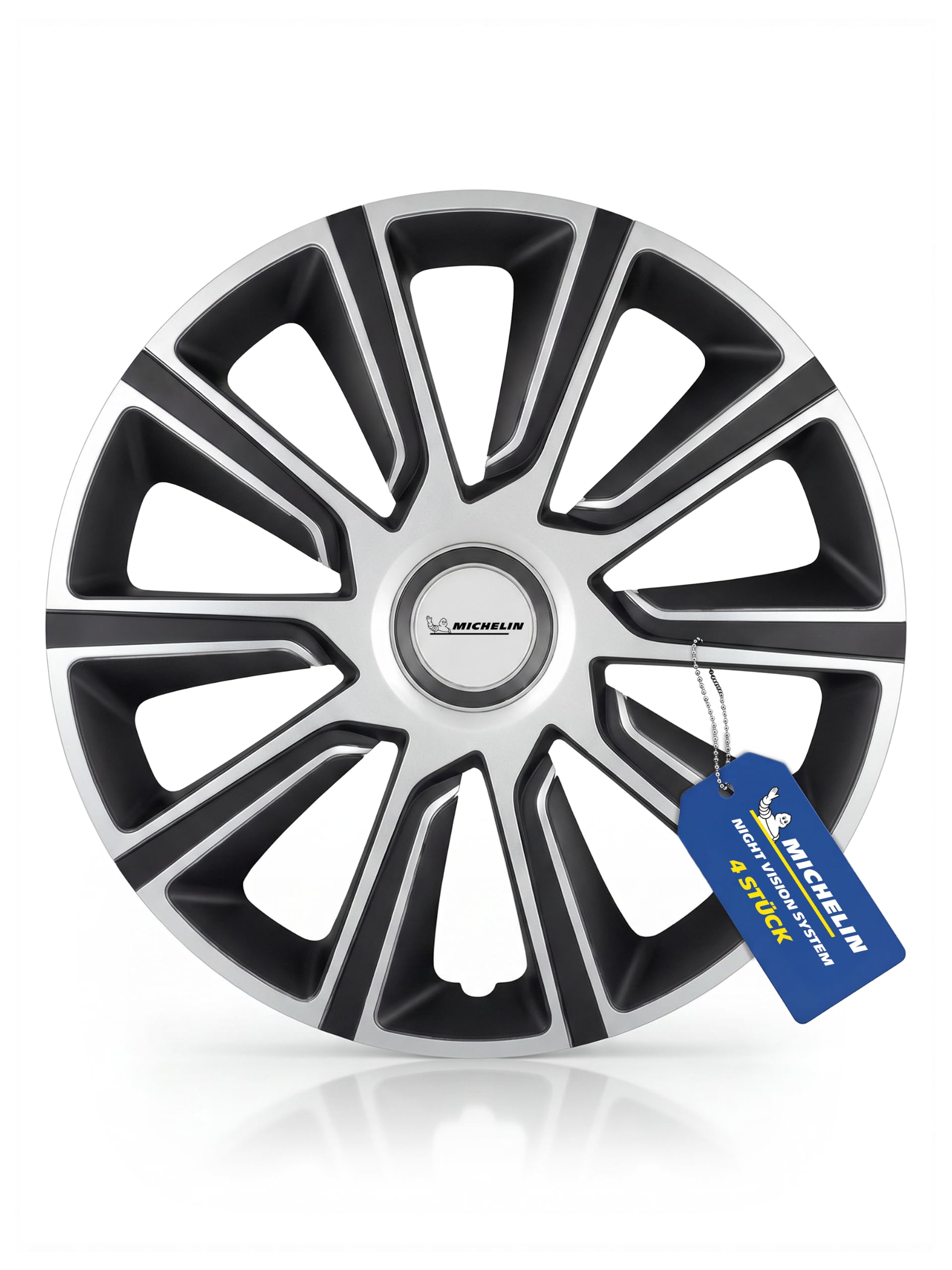 MICHELIN MX-LBS uniwersalne kołpaki ozdobne, 4 sztuki, do samochodu, tworzywo sztuczne ABS, kolor czarny/srebrny