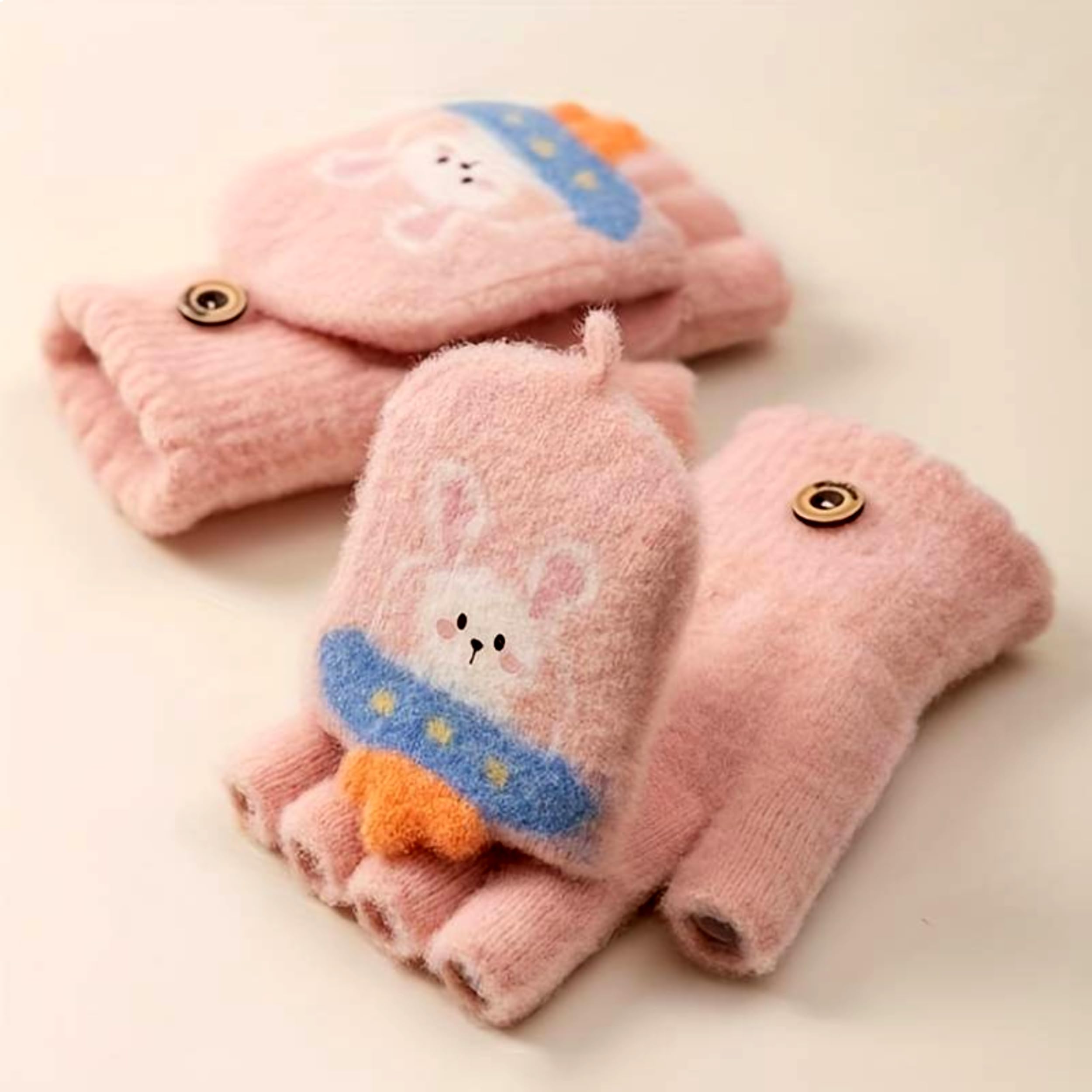 Khwaish Store Girl's Winter Soft Plush Cute Bunny Design Carrot Half Finger Gloves Mittens Soft Warm Over Flip Five-Finger for Toddlers Kids (2, Multicolor, 3-4 Years) - Image 5 thumbnail