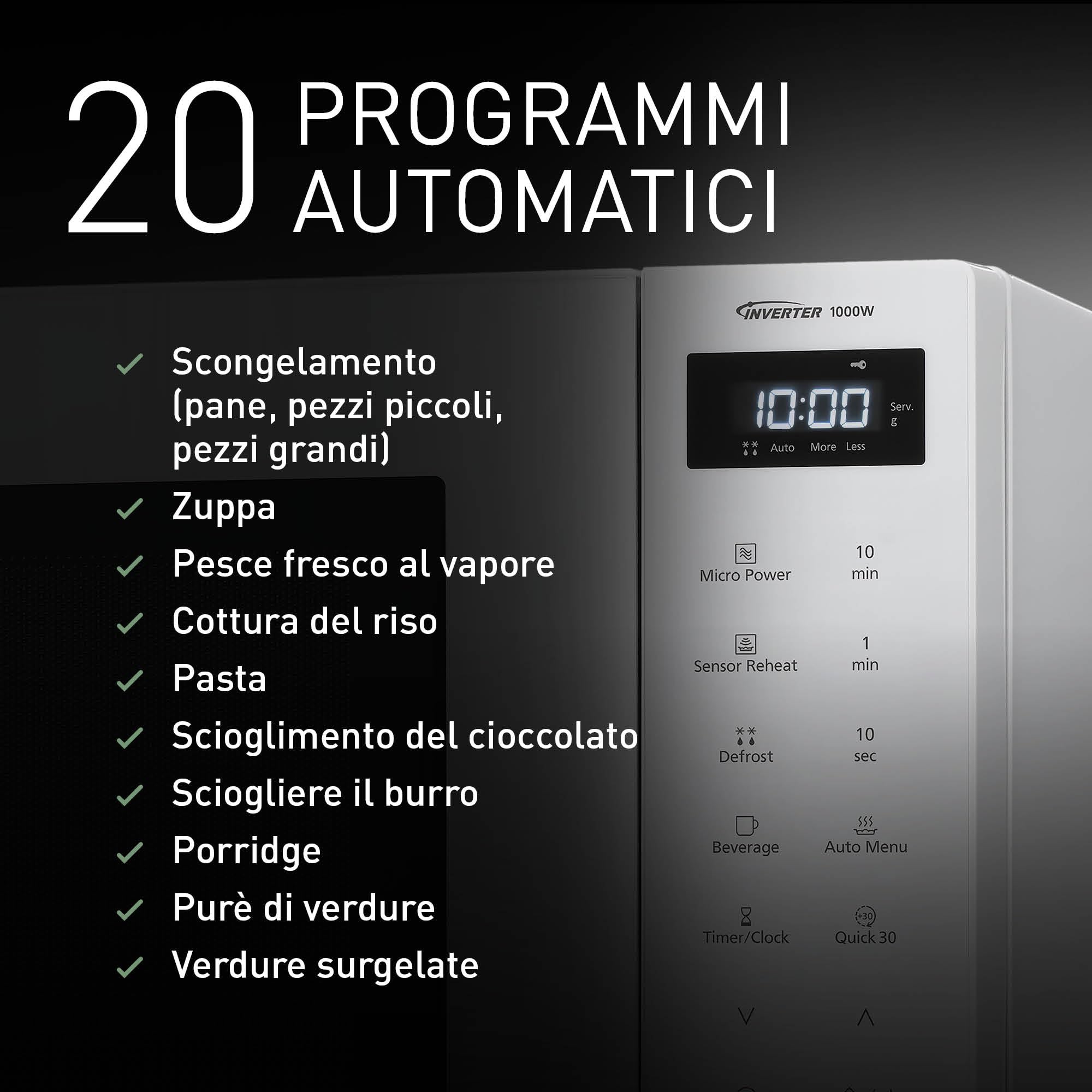 Panasonic NN-ST64QWEPG Microonde Solo Inverter 32L, 1000 Watt Potenza, 20 programmi automatici, Funzione Quick 30, Controllo Touch, Cottura Uniforme e Scongelamento, Bianco