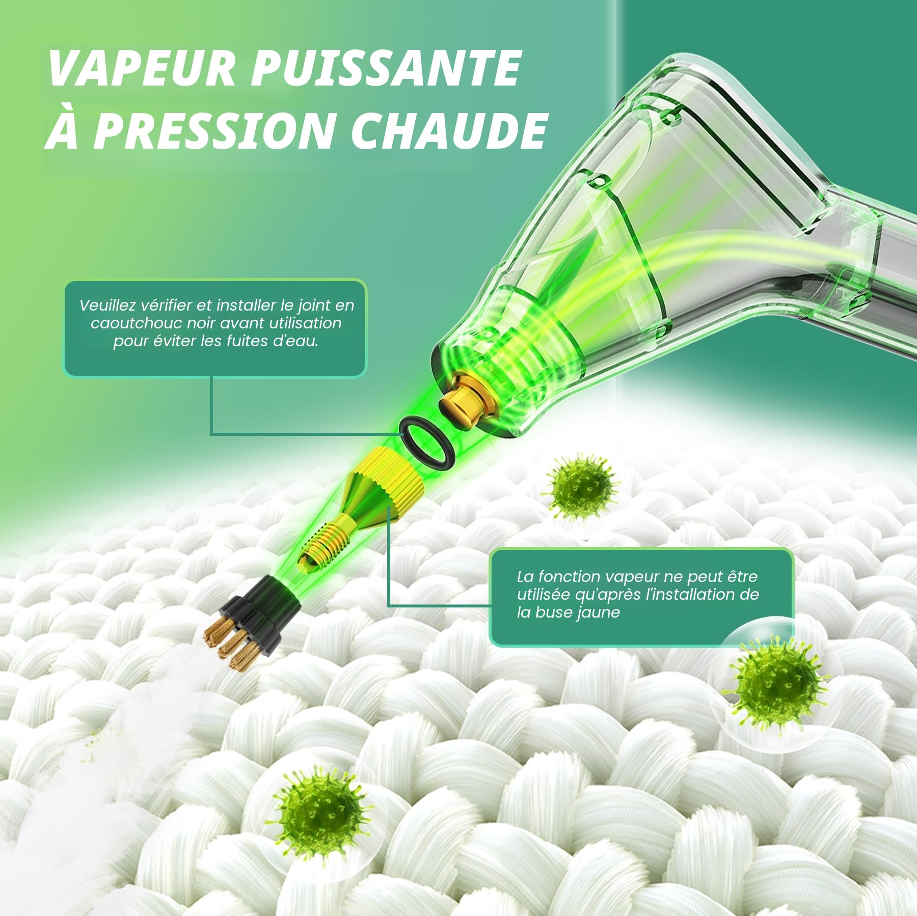 Nettoyeur Vapeur 2500W – 3 Bars, Chauffage 15S, Nettoyeur à Vapeur à Main avec Bouton Tactile Réglable, 4 Têtes de Brosse, Poignée Réglable 3 Niveaux, pour Cuisine, Salle de Bain, Voiture et Carrelag