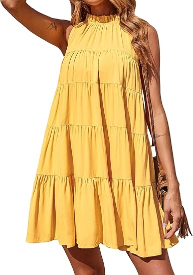 Okiwam Womens Summer Halter Dresses Sleeveless A Line Tiered Swing Mini 2025 Fall Casual Boho Beach Vacation Sundress