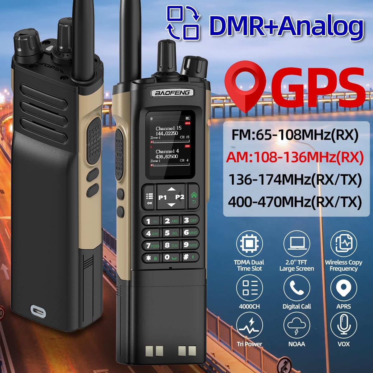 Ham Radio Baofeng DM32 DMR Radio Handheld Rechargeable Walkie Talkies Long Range DM32UV 5RM Two Way Radio NOAA Weather Radio with GPS, Copy Frequency 3800mAh Battery USB-C Charging with Radio Holster