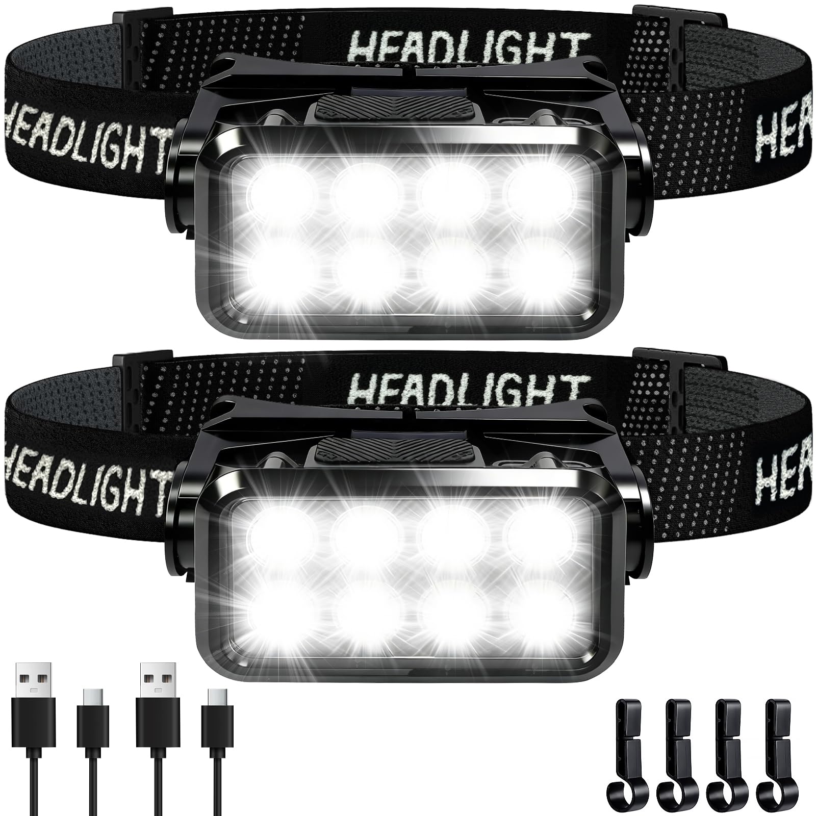 Lampe Frontale Rechargeable,Lot de 2 Frontale LED Puissante,Lampe Frontale Réglable Avec 5 Modes d'Elairage,Capteur LéGer IPX6 Étanche Pour ExtéRieur,Course,Pêche,Camping