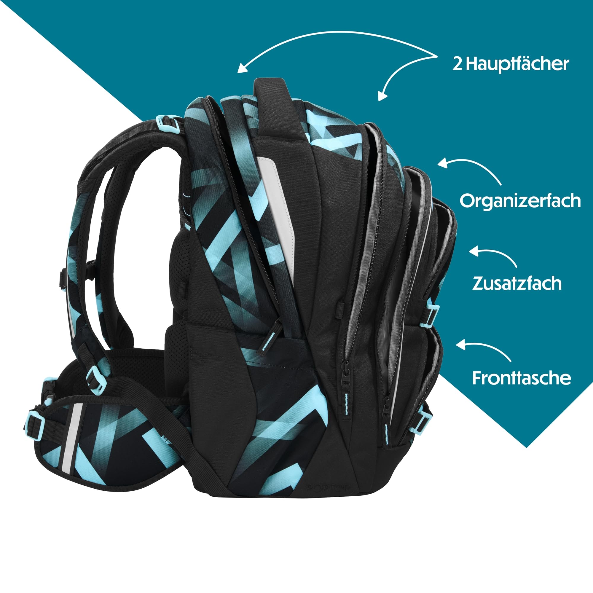 Coocazoo PORTER Schulrucksack „Laser Lights”, schwarz-türkis, ergonomischer & anpassbarer Tornister, höhen- & größenverstellbar, mit Brustgurt & Hüftgurt, ab der 3. Klasse