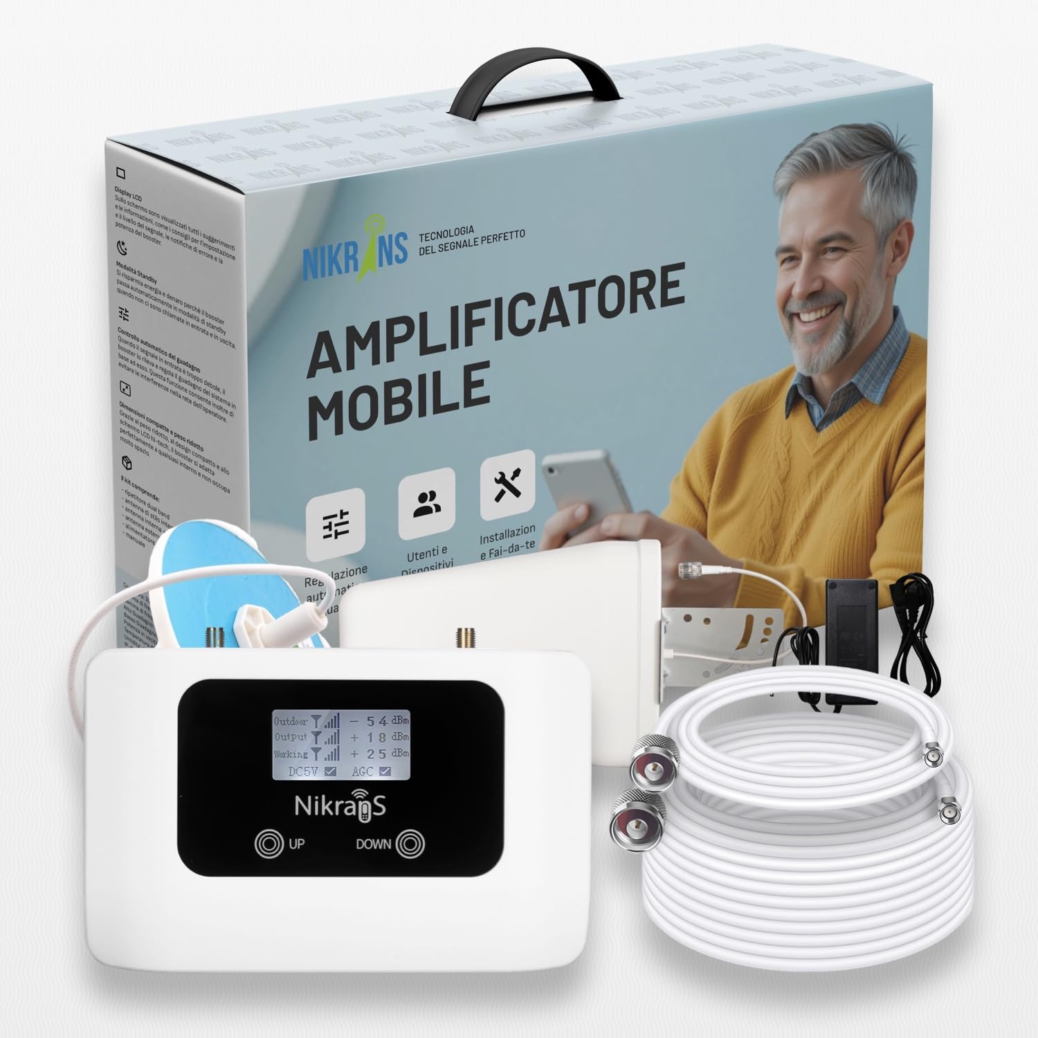 LCD-300 – Ripetitore GSM 900 MHz per Chiamate Stabili | Copertura fino a 300 m² | Compatibile con Tim, Vodafone, Wind Tre, Iliad | Amplificatore Segnale Cellulare con Schermo LCD e Risparmio E