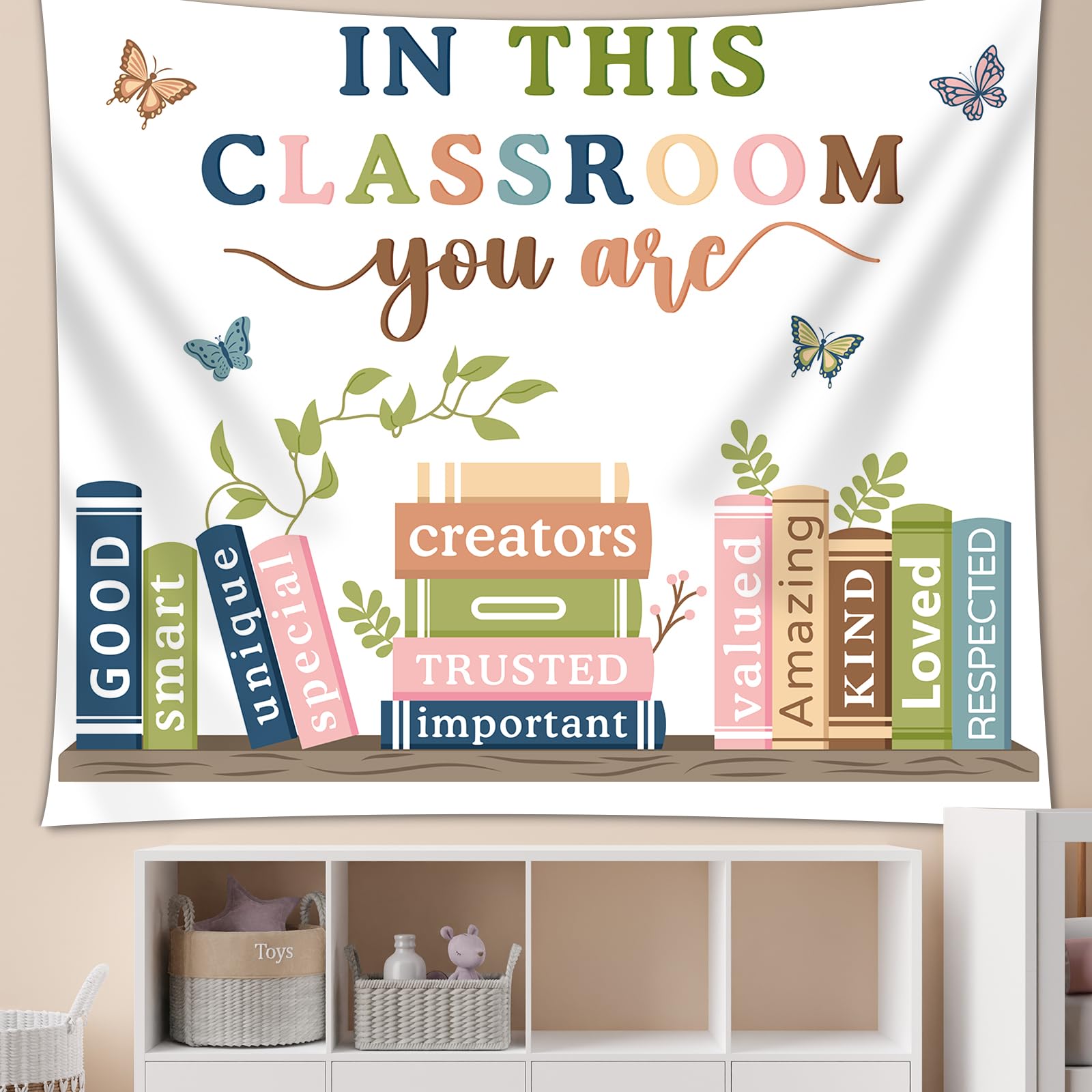 QOUBAI Tapiz de bienvenida para el aula de regreso a clases, bohemio, motivacional, primer día de escuela, tablón de anuncios, decoración positiva de fondo para jardín de infantes, decoración de pared