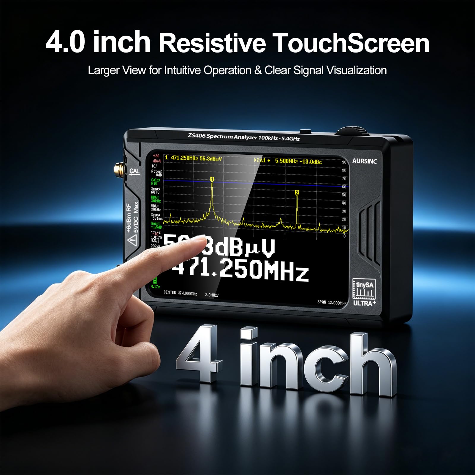 AURSINC TinySA Ultra+ ZS406 Spectrum Analyzer, 4.0 Inch 100kHz-5.4