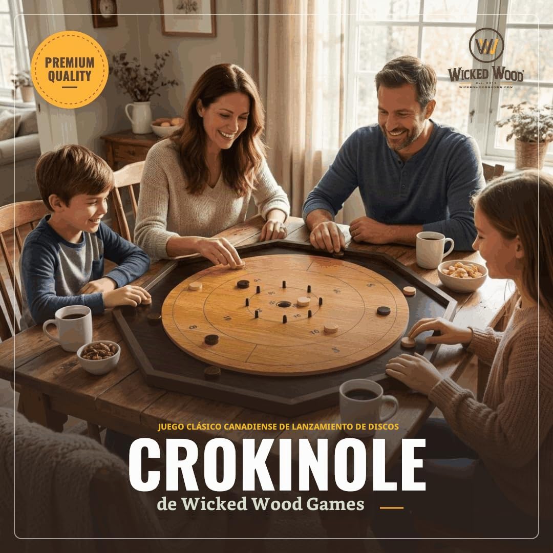 Wicked Wood Games Crokinole - Juego de mesa oficial de madera para 2-4 jugadores, juego completo con tabla, discos de 2 colores, tabla de puntuación e instrucciones (idioma español no garantizado