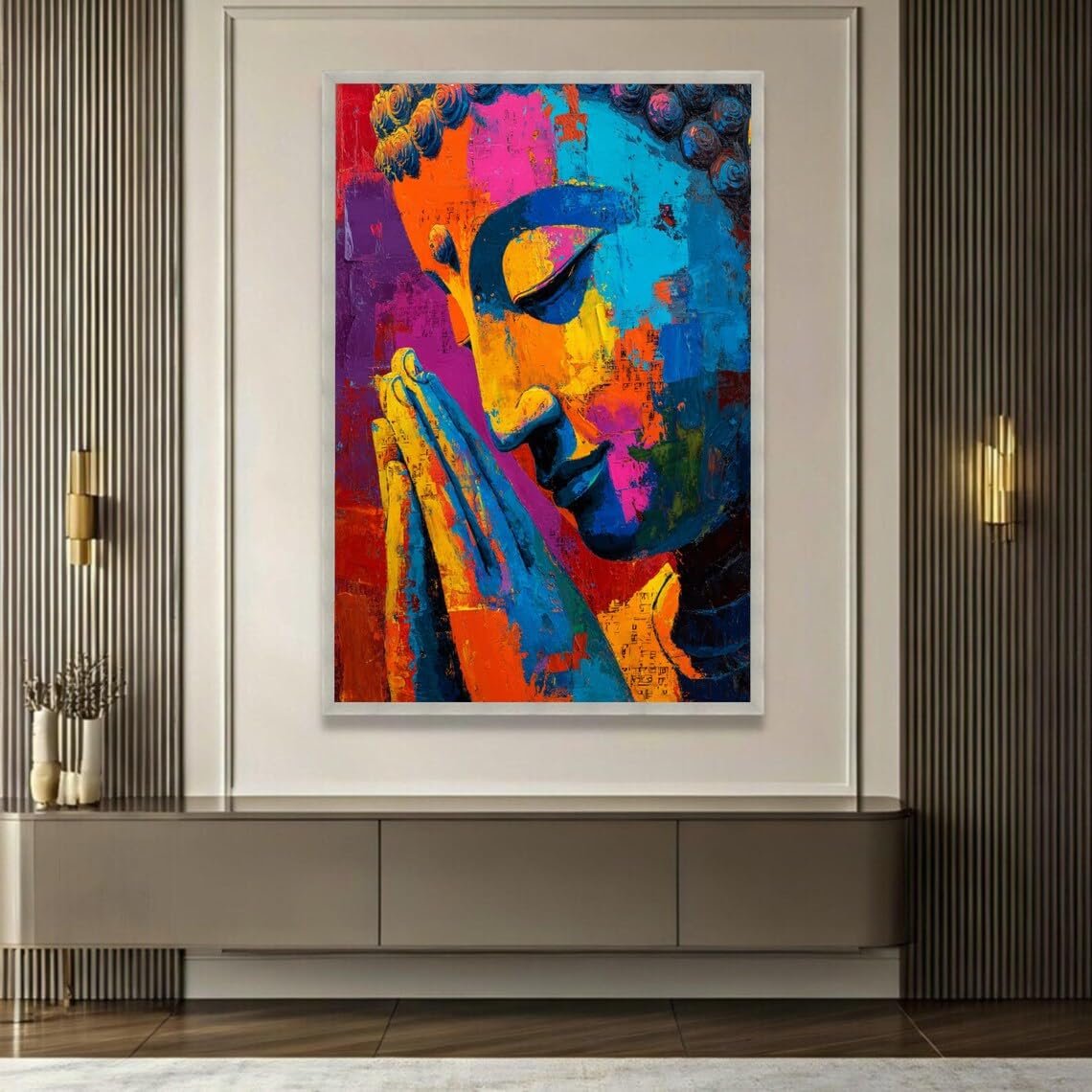 XINBAO Kolorowy Budda Obraz na płótnie Abstrakcyjna Dekoracja Medytacja Gotowy Do Powieszenia, Duże Dzieło Sztuki Na Płótnie Ścienne Rozmiar Obrazu (70 x 100 cm / Wewnętrzna rama)