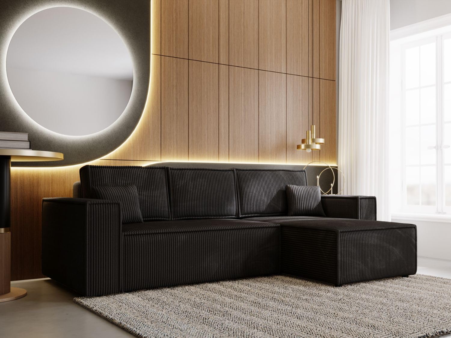 GRAINGOLD Prato XL Ecksofa mit Schlaffunktion & Bettkasten 280x170 cm, L-Form Sofa mit Stauraum, Schlafcouch für Wohnzimmer, Cord Stoff, 4-Sitzer Eckcouch, Modernes Design (Schwarz)