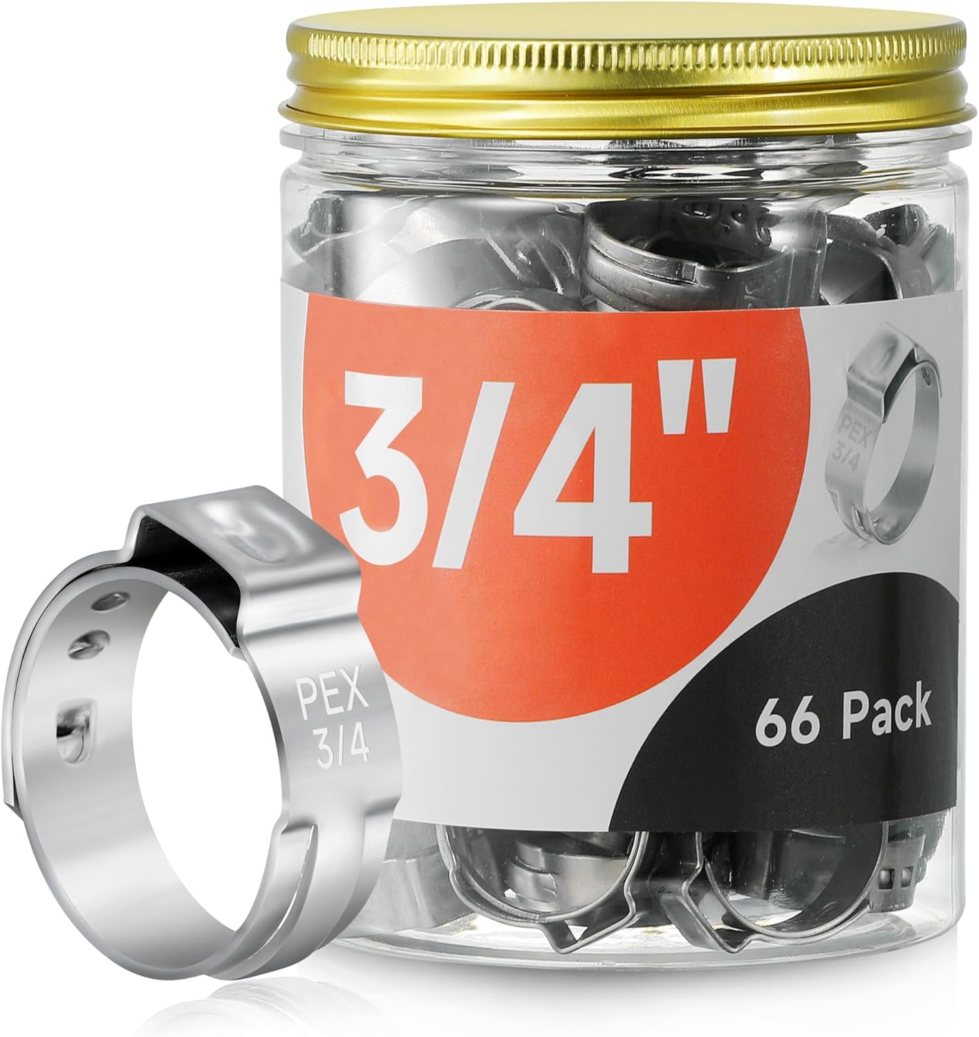 66pcs 3/4 inch PEX Cinch Clamps Rings, 304 Stainless Steel Single Ear Hose Clamps, Pex Crimp Rings for PEX Tubing Pipe Fitting Connections