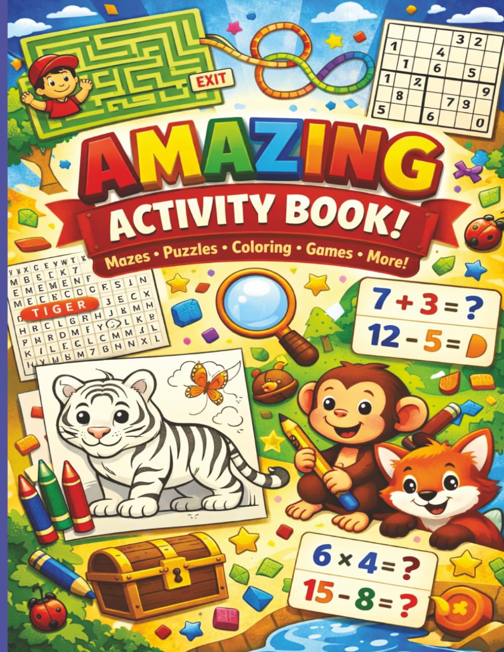 Ultimate Kids Activity Book: Enjoy Hours of Screen-Free Fun. Mazes, Sudoku, Word Searches, Animal Coloring & Math Challenges