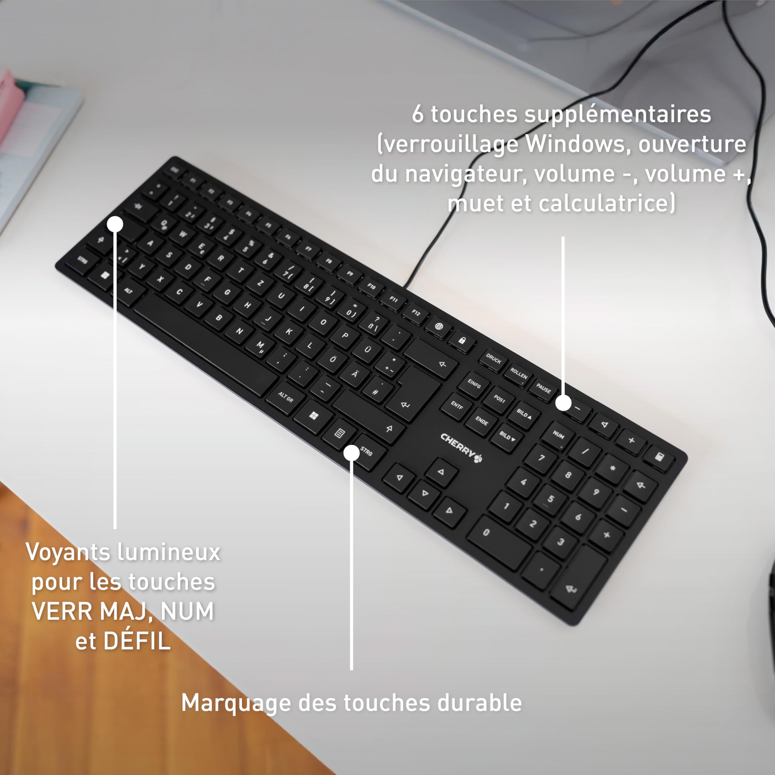 CHERRY KC 6000 Slim, Clavier au Design Ultra-Plat, Disposition française (AZERTY) Filaire (Port USB-A), Touches silencieuses, Marquage Durable, Noir