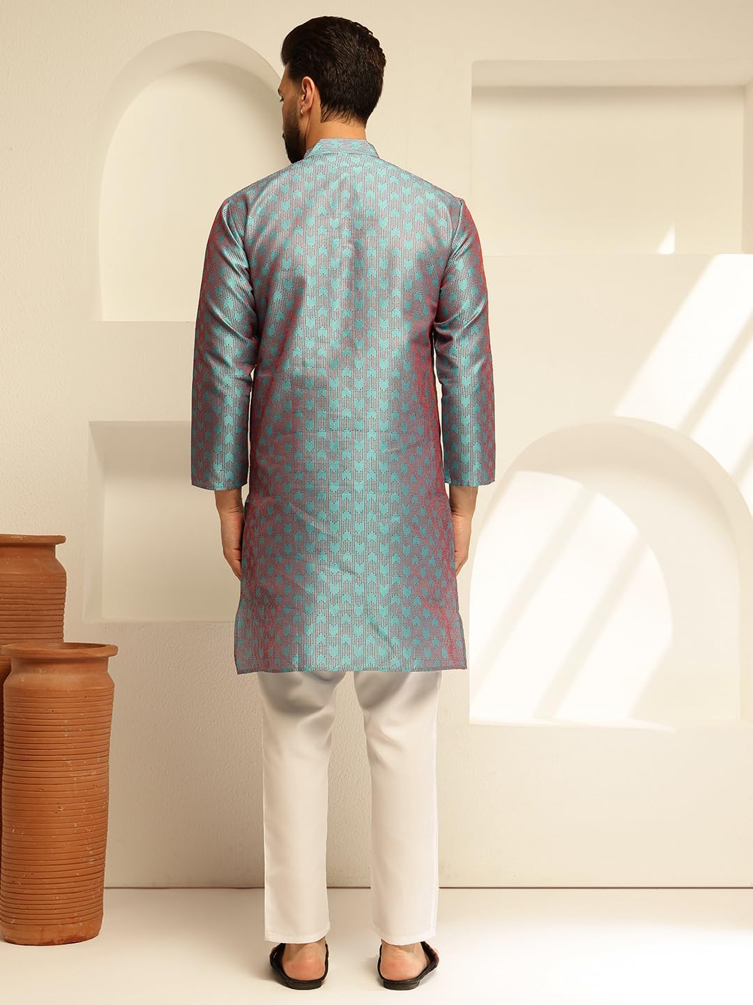 Sojanya (Since 1958 Men'S Jacquard Silk Contrast Red Thread Woven Design Long Kurta - Image 4