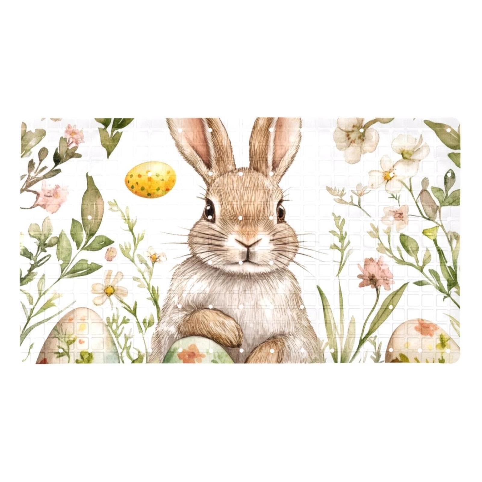 Badematten für die Badewanne, Motiv: Osterhasen und Blumen, rutschfest, rechteckig, Duschmatte mit Saugnäpfen, maschinenwaschbar, Badezimmermatte, 39,9 x 70,9 cm
