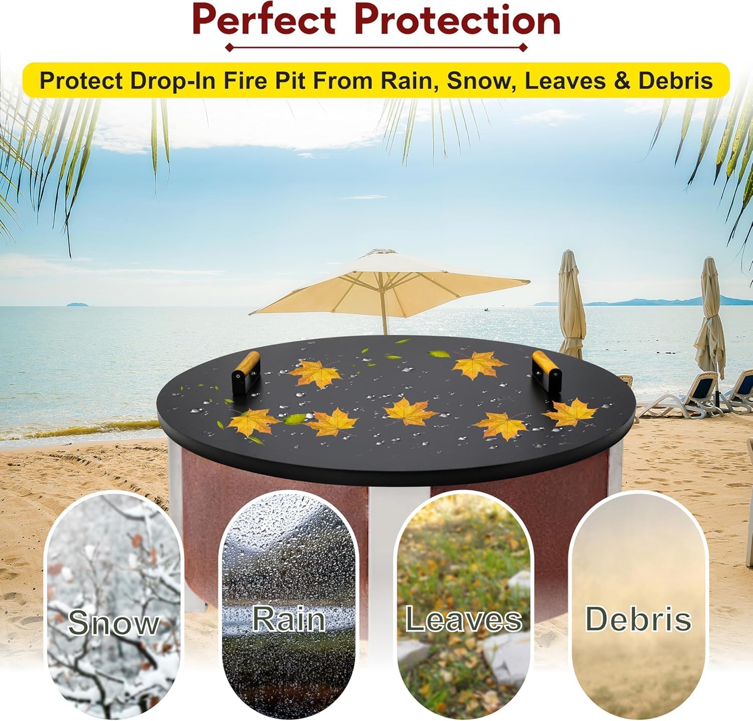 35” Round Fire Pit Lid – Powder Coated Fire Pit Cover Lid Round for Outdoor Fireplace -16 Gauge Steel Flat FirePit Burner Pan Cover with Dual Wooden Handles Snuffer Lid for Round Patio FirePit Ring