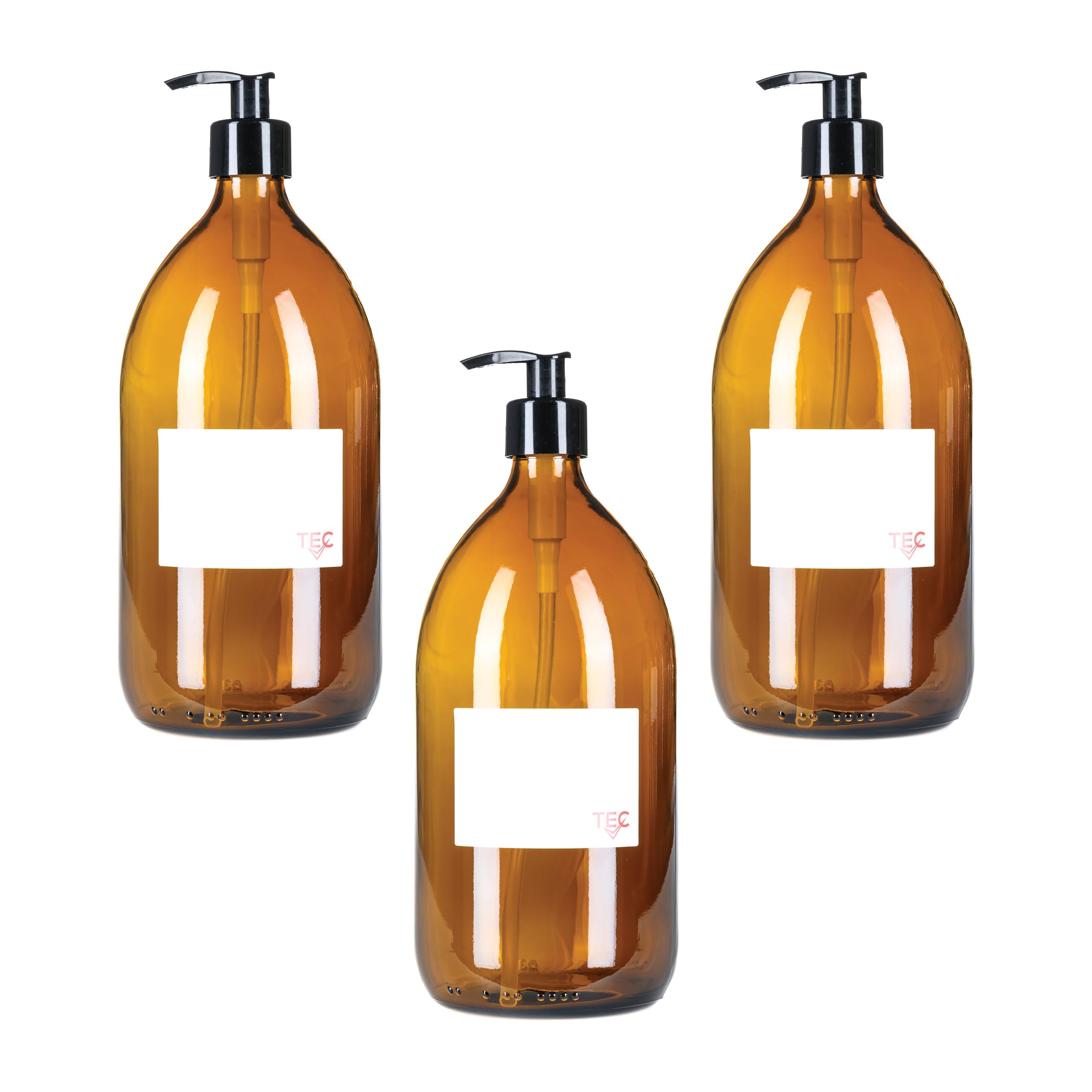 TEC 1 Litre Bottles Amber Glass 65% Recycled with Pumps UK Made Large Soap Dispenser for Handwash Recyclable Refillable Labels Wrapped in Brown Sustainable Paper (3)