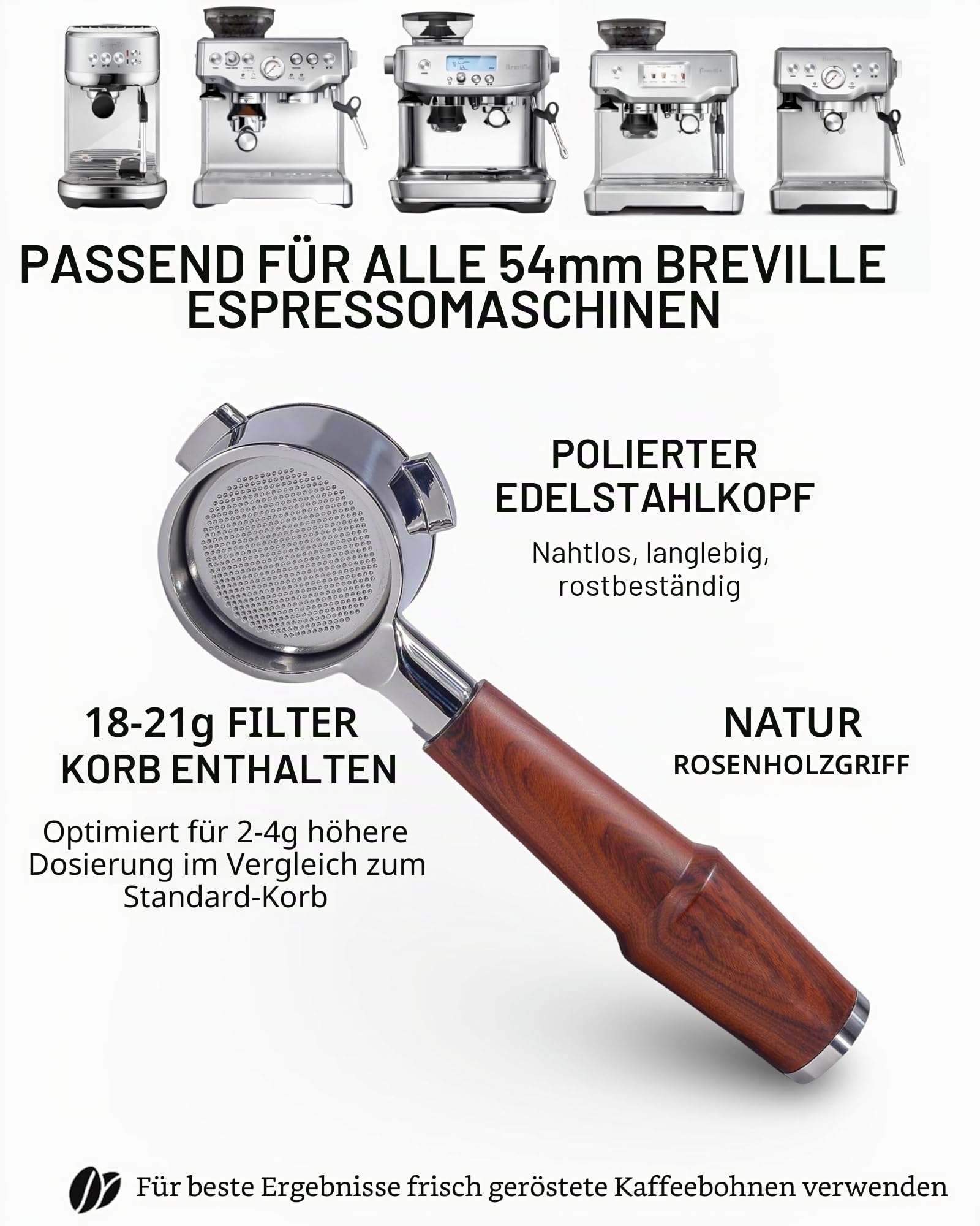 54mm Bodenloser Siebträger für Sage Barista Express, Pro, Touch, Bambino Plus, Infuser, Duo Temp Pro – Edelstahlkopf & Rosewood Holzgriff, inkl. 18–21g Filterkorb