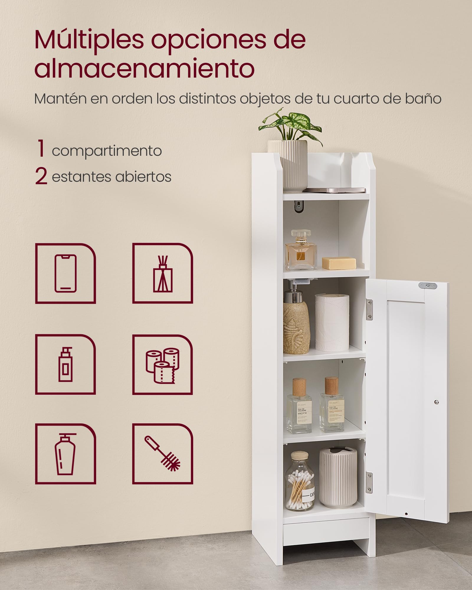 VASAGLE Armario de Baño, Armario Esquinero con Puerta y Estantes, Organizador de Almacenamiento, Estrecho, para Papel Higiénico, Estantes Ajustables, Blanco BBC310W01