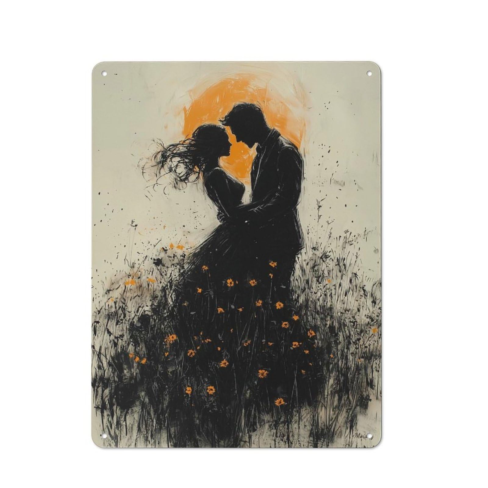 Junmoney Romantic Silhouette With Golden Glow And Wild Simple Retro Flowers Metal Wall Plaque 40X30cm, Studio Wall Plaque For Hobby Room, Office, Lounge Or Living Room