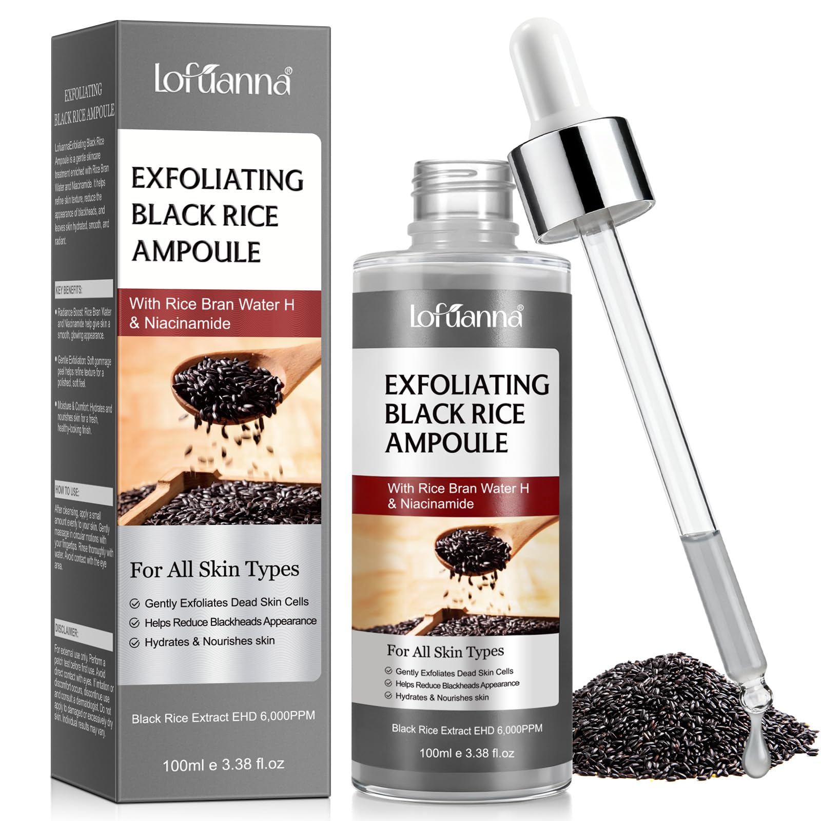 Black Rice Peeling Serum 100ml, Esfoliante Viso Delicato, Siero Esfoliante Riso Nero, Rimuove Cellule Morte e Punti Neri, Minimizza Pori, Niacinamide & Estratto di Riso Nero, Pelle Luminosa e Liscia