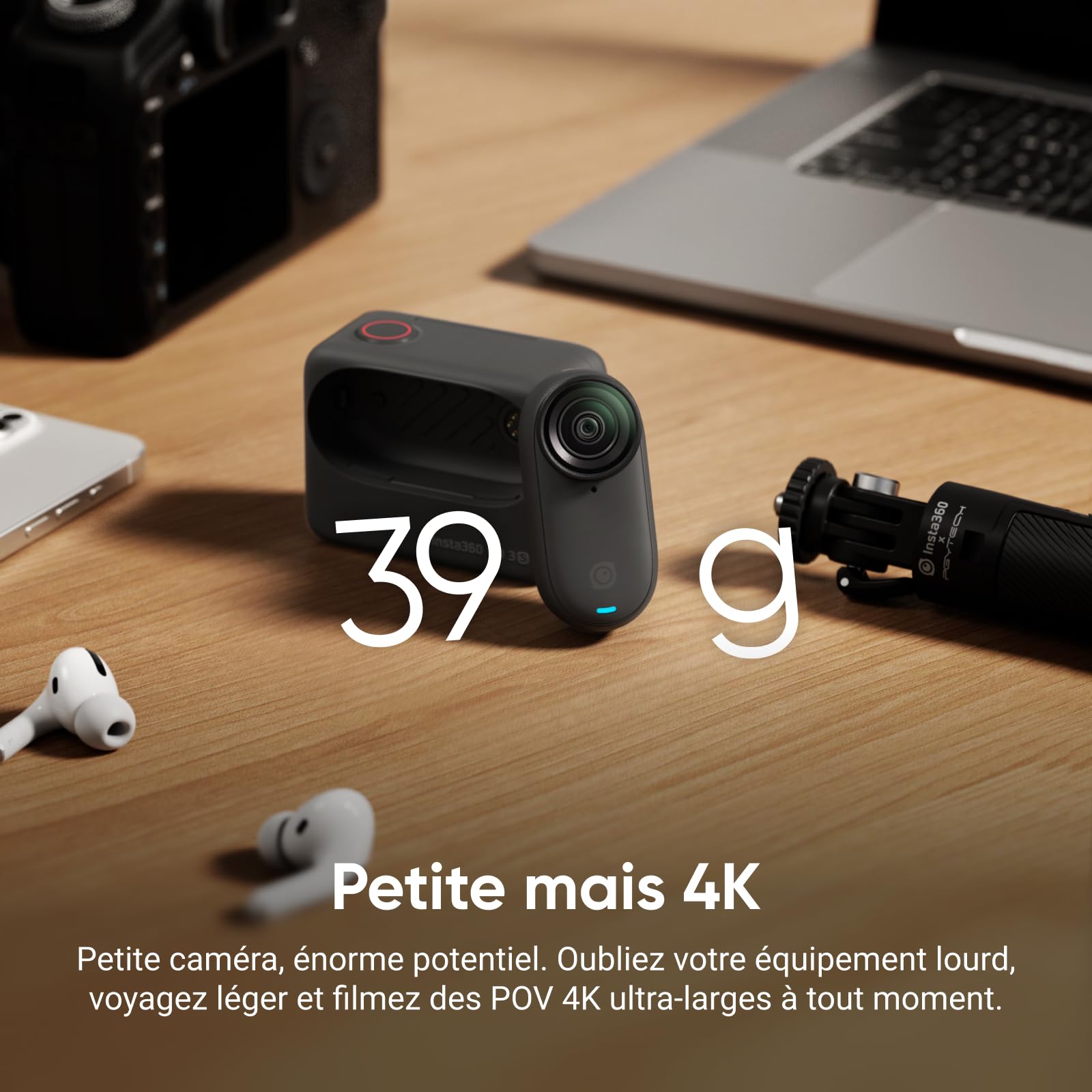 Insta360 GO 3S Noir Minuit 128GB - Petite caméra de vlog 4K, POV Mains Libres, Montage Partout, stabilisation, 140 Min d'autonomie, étanche à 10 m, édition IA, Apple Find My, pour Voyage, vlog